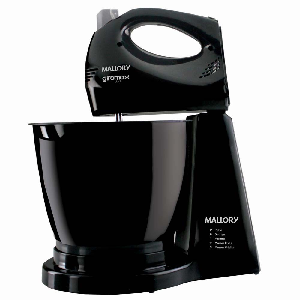 Batedeira Portátil Giromax Black com 200W de Potência 3 Velocidades + Pulsar, Tigela de 3,4L de Capacidade e 2 Batedores Preta - Mallory