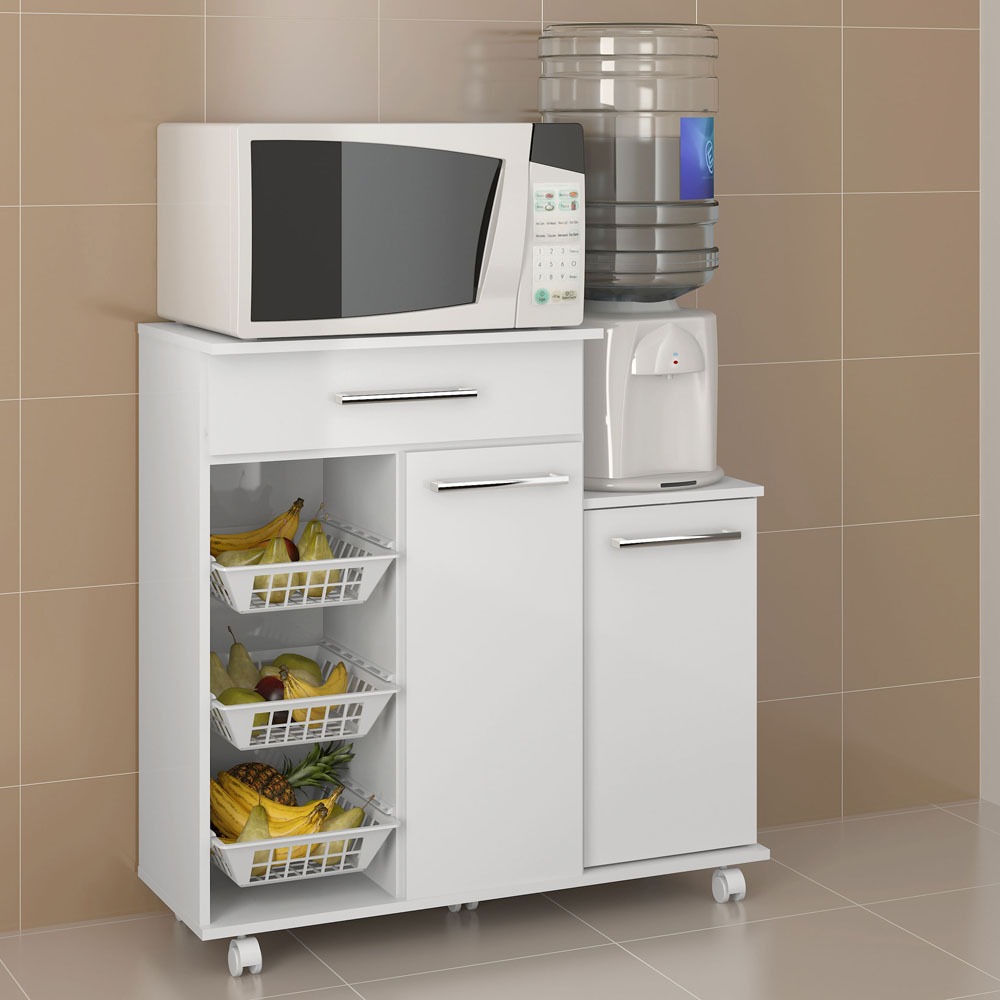 Mesa Fruteira Ditália MF-185 c/ 3 Cestos, 2 Portas e 1 Gaveta - Branca