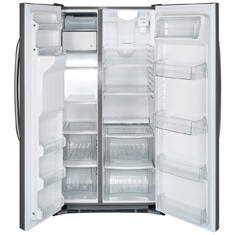 O refrigerador Side by Side GE 23 ZS2LFBSS aberto refrigerador Side by Side GE 23 ZS2LFBSS aberto