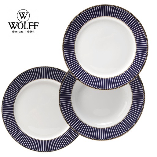 Peças feitas em porcelana com detalhes em dourado e azul aparelho jantar wolff 42 peças serve seis pessoas