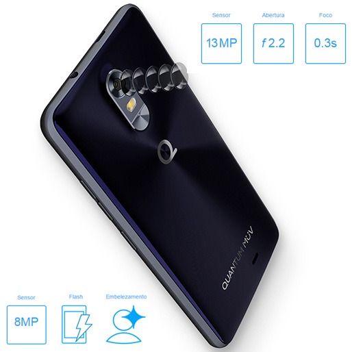 Câmeras traseira de 13MP e frontal de 8MP Celular Quantum MÜV Câmeras 13MP 8MP