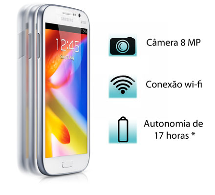 O Galaxy possui GPS, câmera de 8 MP e wi-fi camera, wi-fi, gps