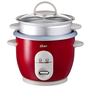 Detalhe da panela elétrica de arroz Oster com bandeja para vapor Vermelha panela elétrica de arroz Oster com bandeja para vapor Vermelha detalhe