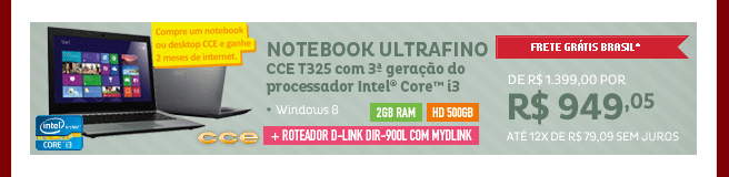 Notebook Ultrafino CCE T325 com Intel® CoreT i3