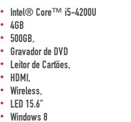 Intel® Core? i5-4200U  4GB  500GB,  Gravador de DVD  Leitor de Cartões,  HDMI,  Wireless,  LED 15.6"  Windows 8