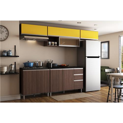 Menor preço em Cozinha Compacta Poliman Evidence com 9 Portas e 2 Gavetas - Amêndoa/Amarela