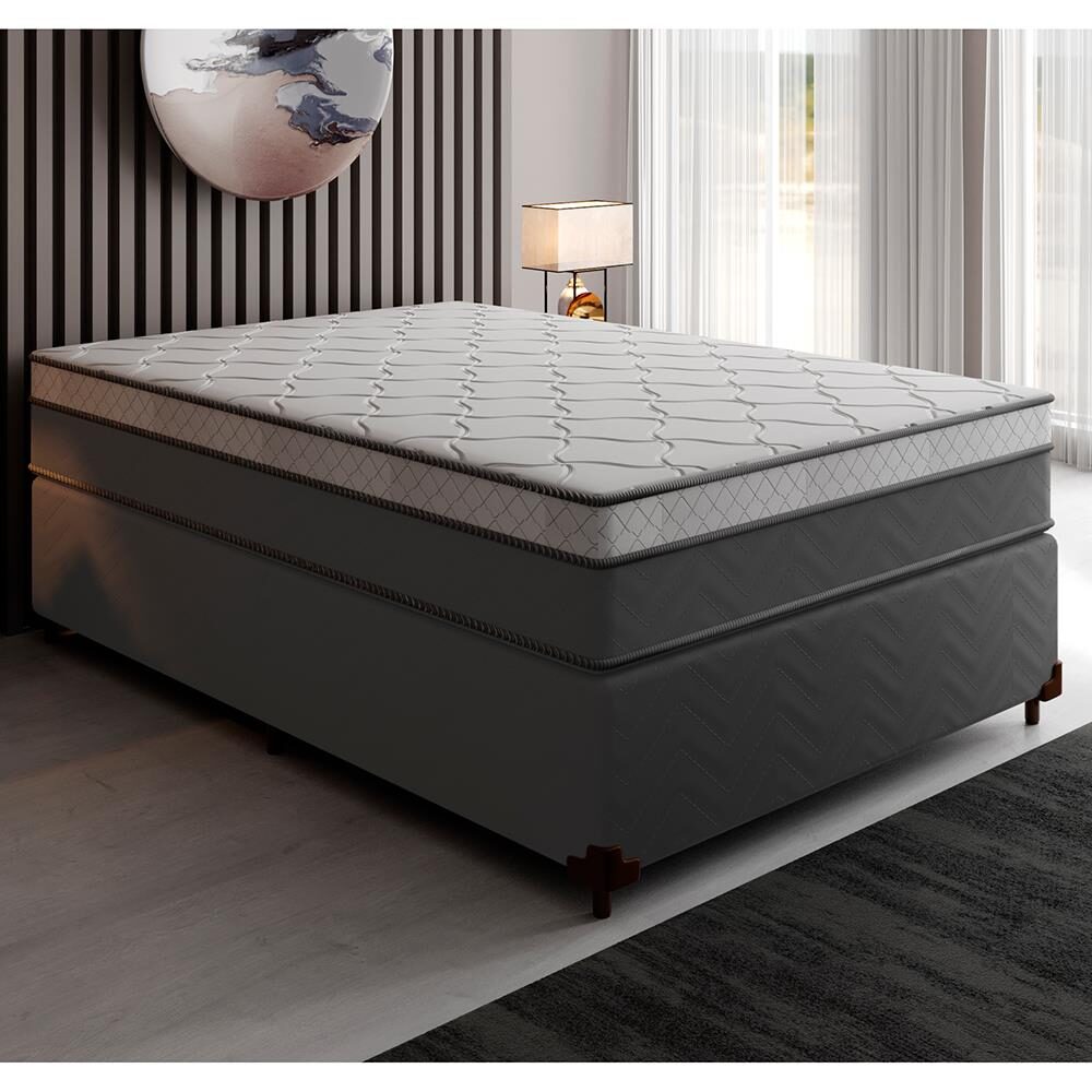 Cama Box de Casal Lightspuma Inspiration com Molas Prolastic e Euro Pillow 63x138x188 cm - Branco/Cinza