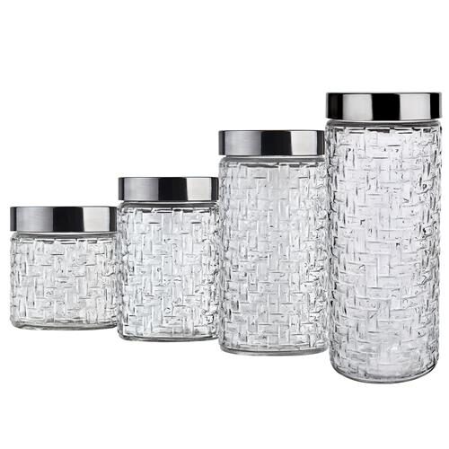 Menor preço em Conjunto de Potes Redondos Euro Home Rattan em Vidro e Inox – 4 Peças 