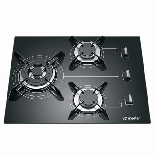 Cooktop a Gás 3 Bocas Mueller com Queimador Tripla Chama Preto Bivolt