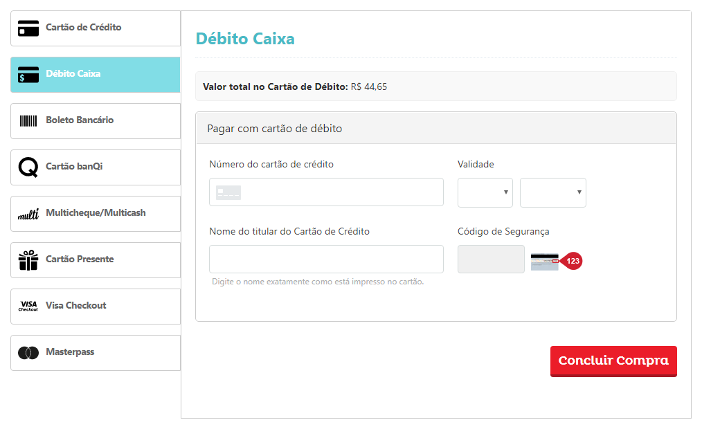 Tela de Pagamento com cartão de Débito
