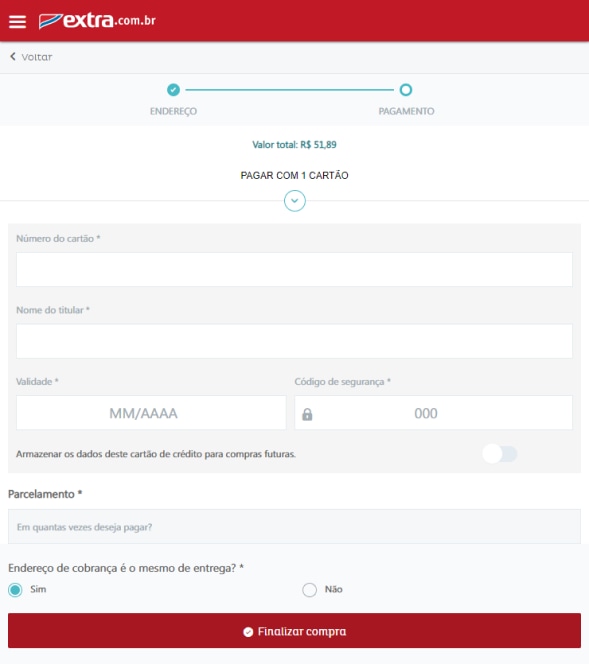 Tela de Pagamento com cartão de Crédito
