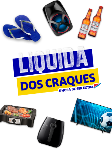 A imagem mostra o logo Liquida dos Craques em branco e amarelo em um fundo verde com vários produtos ao redor, como uma TV, airfryer, chinelo havaianas, caixa de som