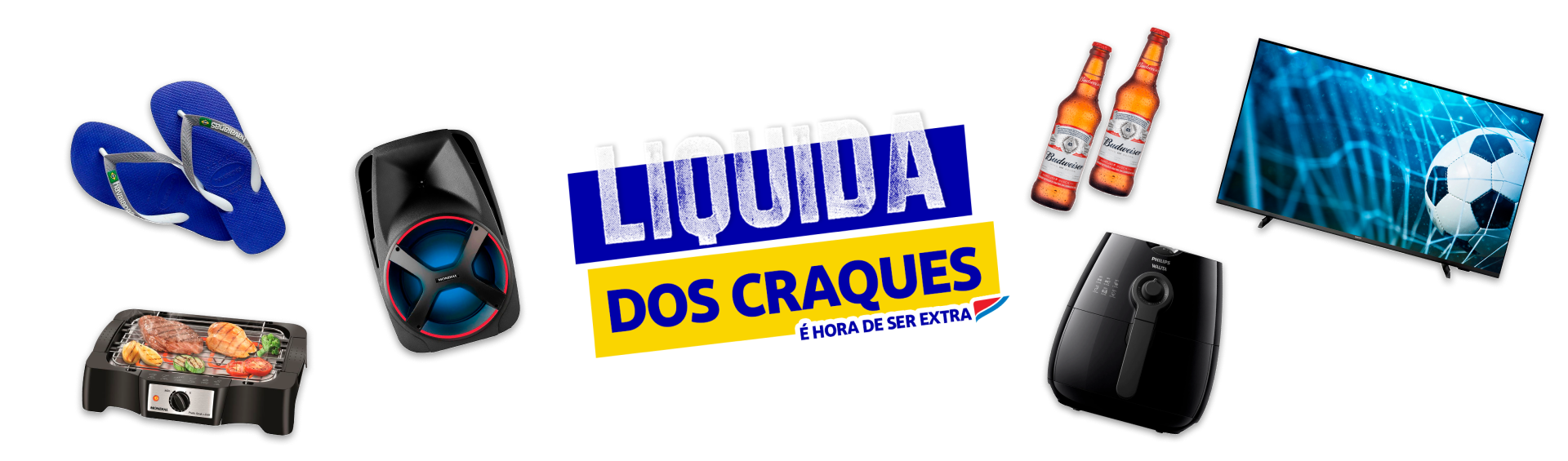A imagem mostra o logo Liquida dos Craques em branco e amarelo em um fundo verde com vários produtos ao redor, como uma TV, airfryer, chinelo havaianas, caixa de som