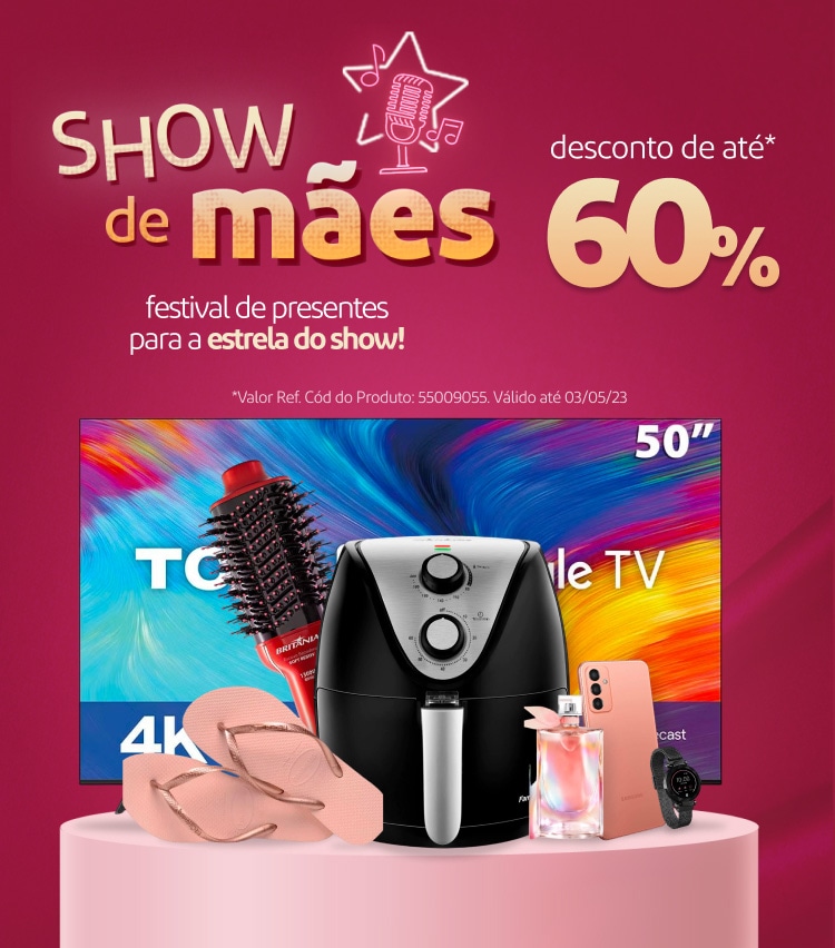 A imagem mostra o banner geral da Campanha de Dia das Mães Extra, com descontos até 60%