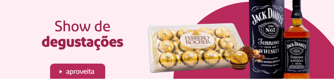 Imagem ilustrativa contendo uma caixa de bombons, uma garrafa de uíque e a chamada 'Show de degustacões'
