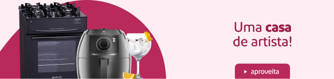 Imagem ilustrativa contendo um fogão, uma fritadeira elétrica, uma taça com gin tônica e a chamada 'Uma casa de artista!'