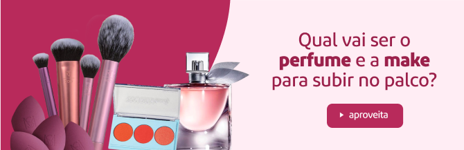 Imagem ilustrativa contendo artigos para maquiagem, um perfume e a chamada 'Qual vai ser o perfume e a make para subir no palco?