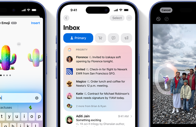 Recursos da Apple Intelligence em três aparelhos iPhone diferentes