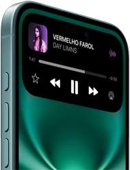 Música tocando em um iPhone 16 na cor verde-acinzentado