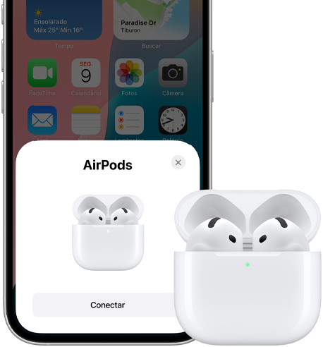 iPhone ao lado dos AirPods, a tela mostra a opção de conectar os AirPods