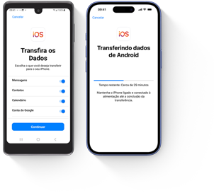 iPhone novo sendo configurado ao lado de um telefone Android, as telas guiam o usuário durante a transferência de dados do Android para o iPhone