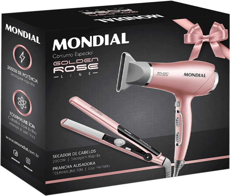 Conjunto Mondial Golden Rose Line KT-83: Secador de Cabelos + Prancha Alisadora Conjunto Mondial Golden Rose Line KT-83: Secador de Cabelos + Prancha Alisadora