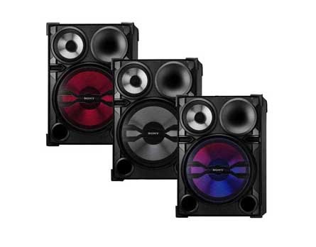 As duas caixas do mini system Sony Genezi FST SH2000 em seus diferentes estágios de iluminação