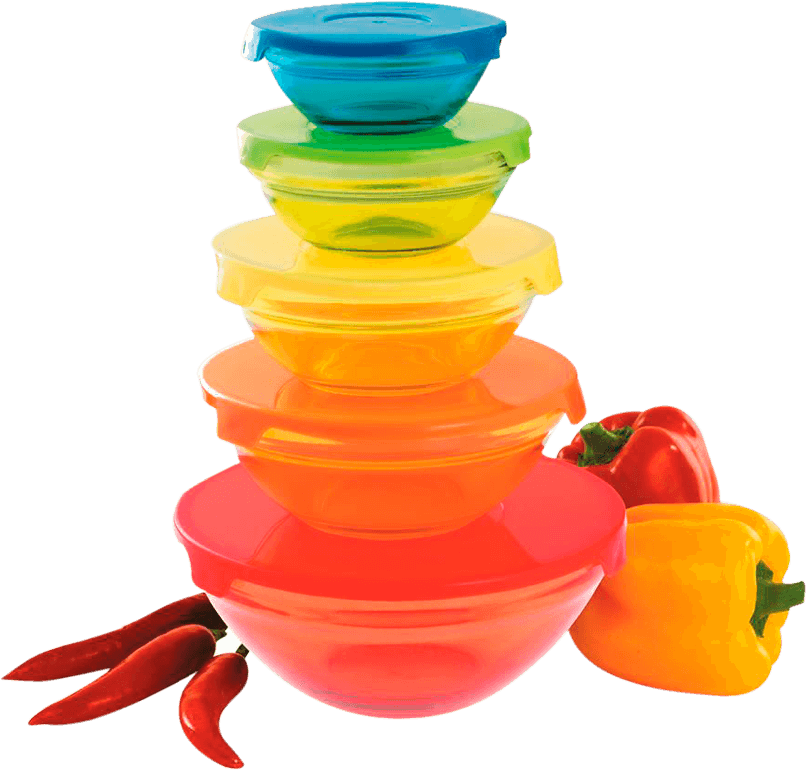 Conjunto de Tigelas Coloridas Casa Ambiente com 5 Peças Conjunto Tigelas Tampas Coloridas Casa Ambiente Vidro Plástico 5 Peças