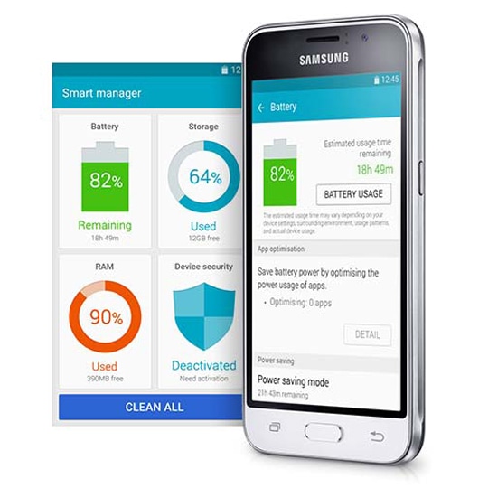 Samsung Galaxy J1 bateria longa duração Smart Manager