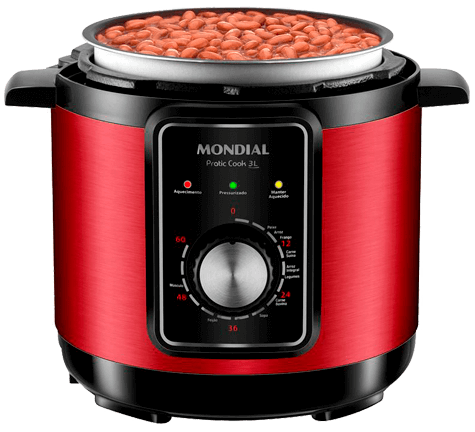 Acabamento em aço inox Panela Pressão Elétrica PE-47 Pratic Cook Mondial 10 funções