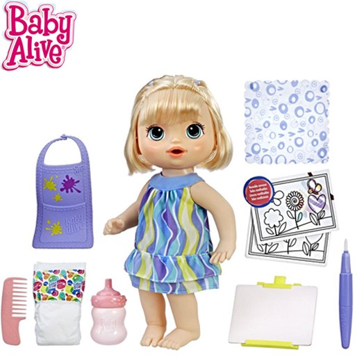 Boneca com altura aproximada de 30cm Boneca Baby Alive Hasbro Pequena Artista pincel cavalete quadros avental lenço