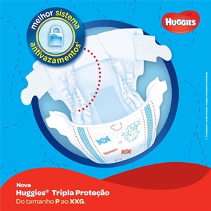 Com sistema de tripla proteção interna e lateral Fraldas Huggies M Antivazamento