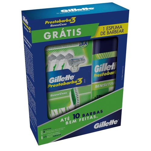 Kit Gillette com 4 Prestobarba3 SenseCare + 1 Espuma de Barbear Prestobarba Sensitive 57ml